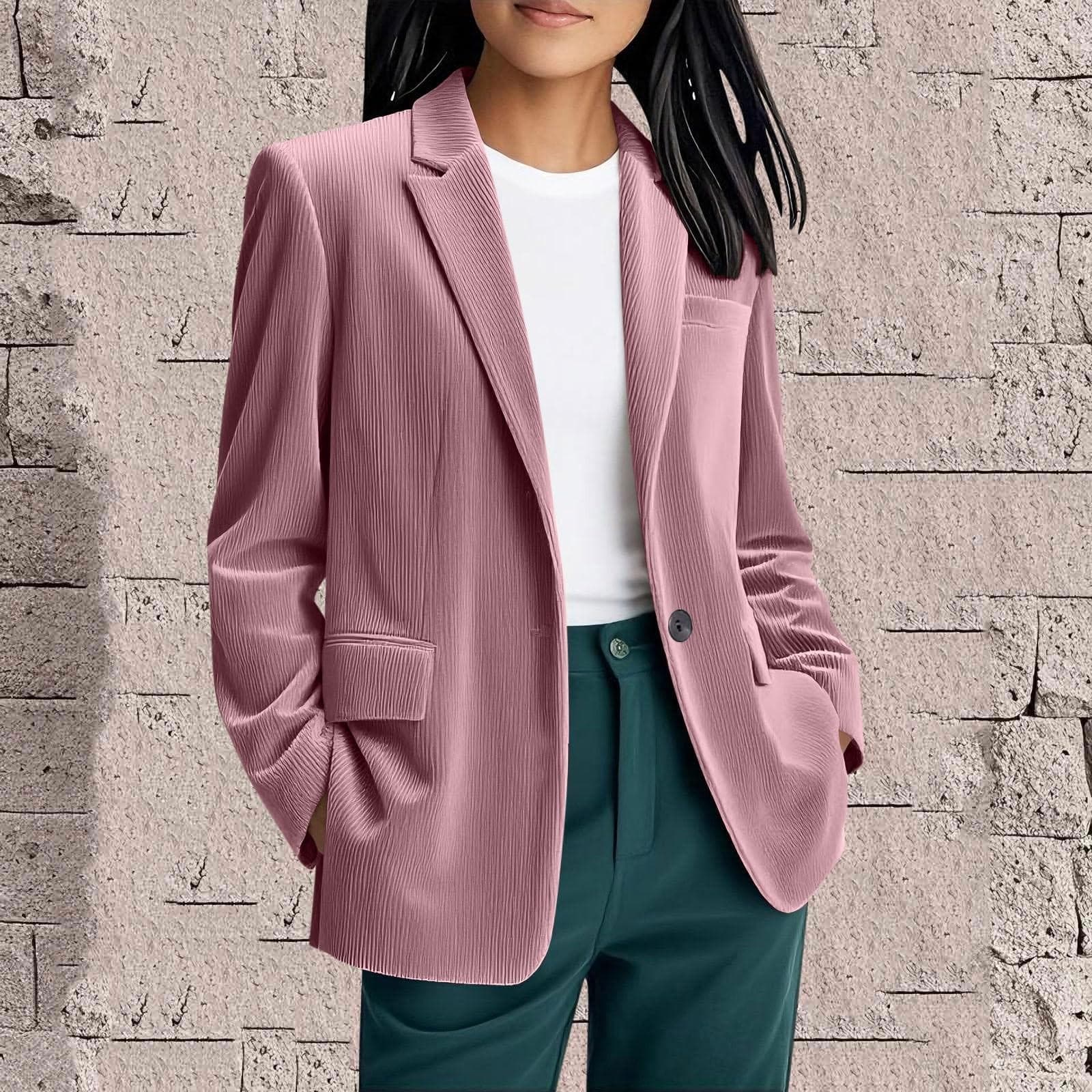 Damer Revers Kordfløyeljakke Pyntet Casual Špen Front Businessdraktjakker Trendy Arbeidsfrakker Med Lommer cm Rosa