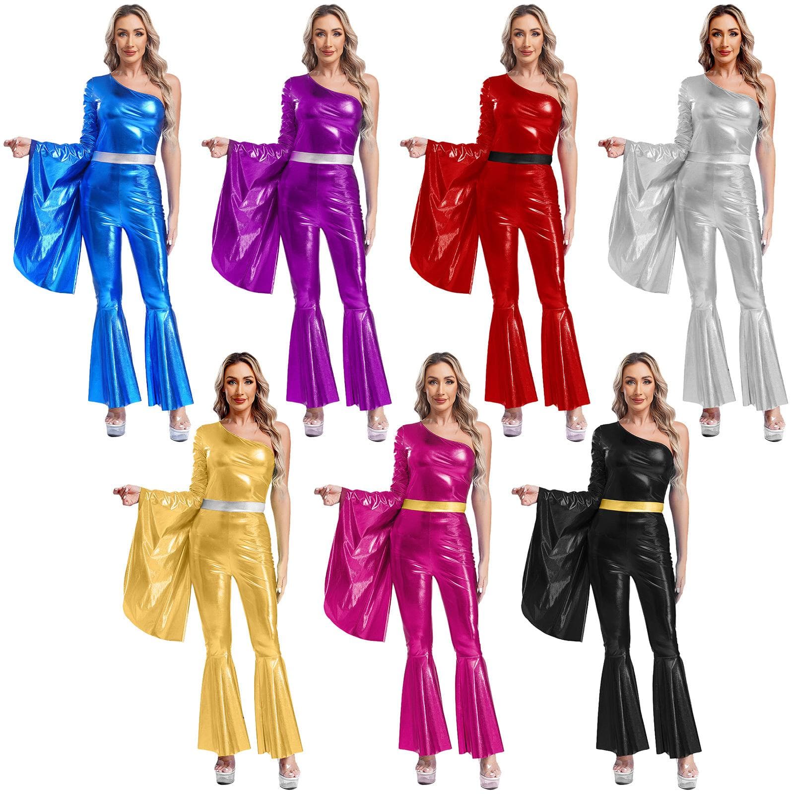 Kvinner 60 70-tallet Disco-kostyme Hippie-antrekk Halloween-karnevalsfest Hiphop-dansedrakter Skinnende metallisk bodysuit Jumpsuit cm Rød