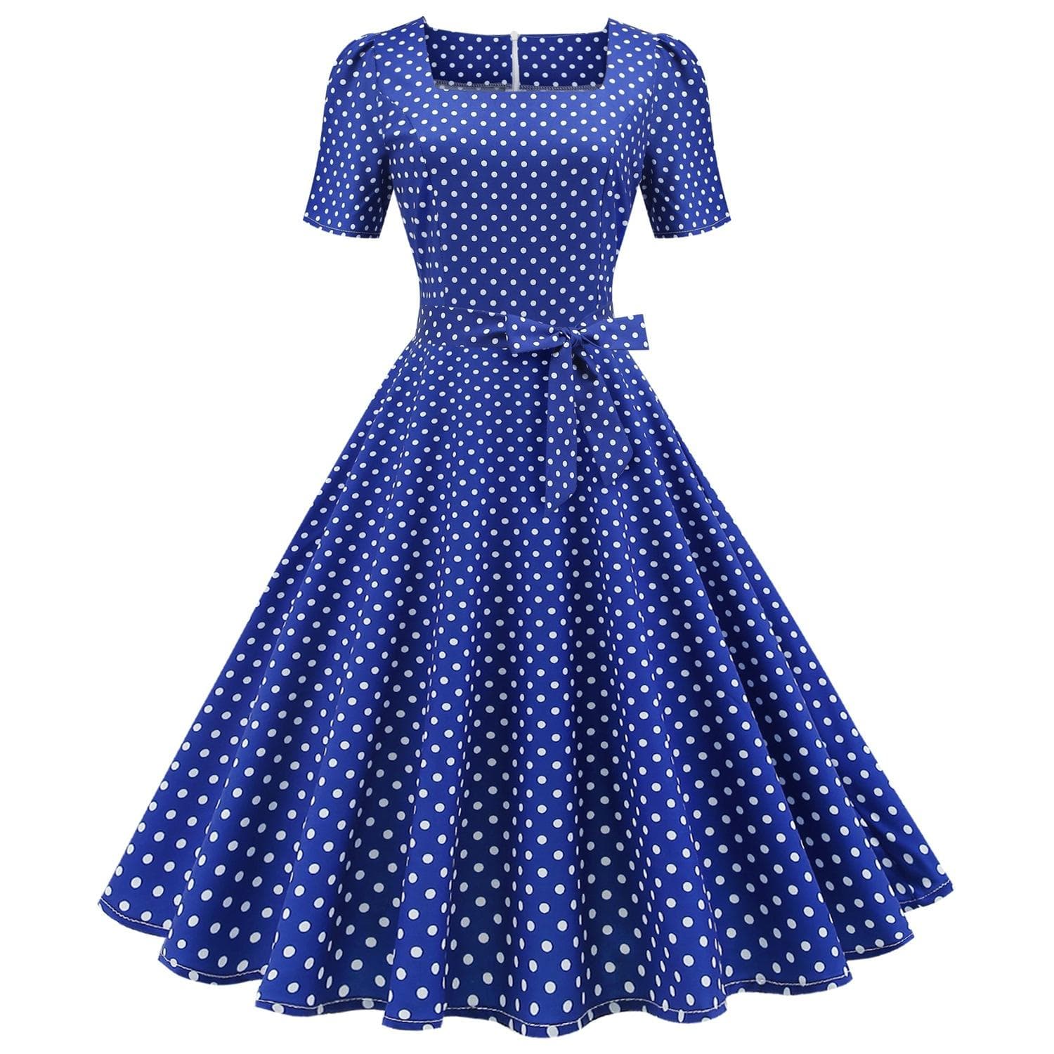 Retro kvinners firkantet hals kortermet polka Dot Print blonder opp midje Big Swing kjole cm Rød