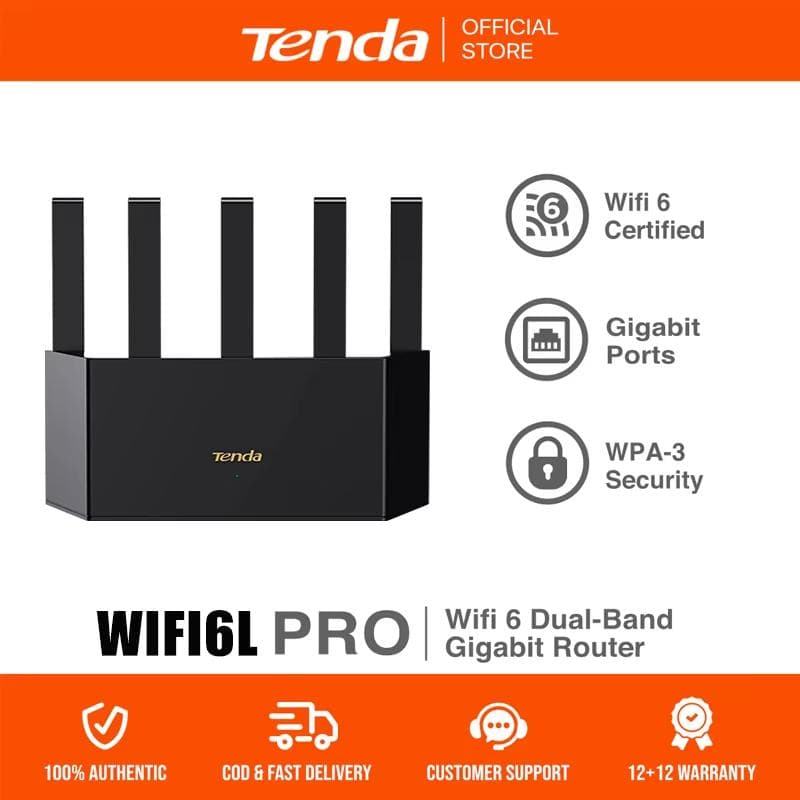 Tenda 5G WiFi6L Pro AX1500 Trådløs Ruter Wi-Fi 6 Dual-band Gigabit-ruter Designet for Hjemmebrukere 1500mbps Svart