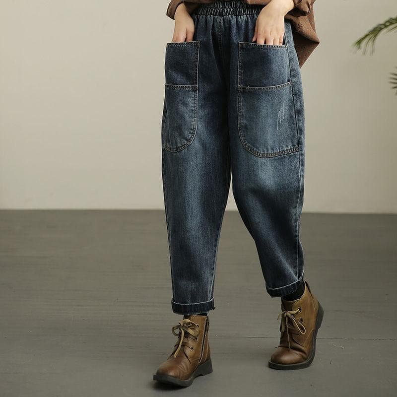 Retro Slitte Haremsbukser Bukser Elastisk Midje Denim Kortermet Harems Baggy Retro Slitte Høy Midje Pluss Størrelse cm Blå