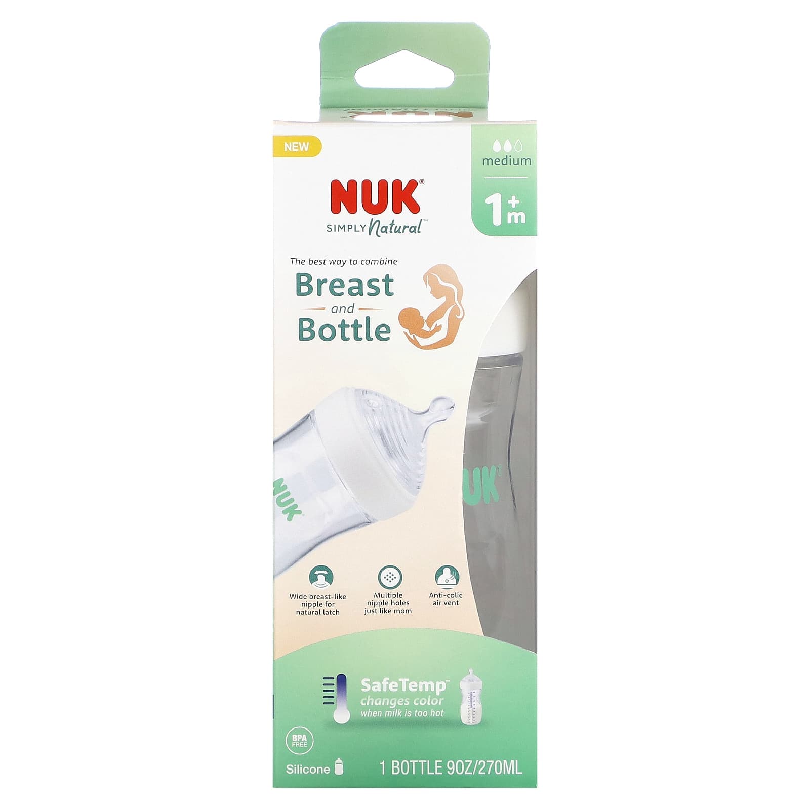 NUK, Simply Natural, Bryst- og flaskemaling med sikker temperatur, 1+ måneder, middels strømning, 237 ml (270 ml)