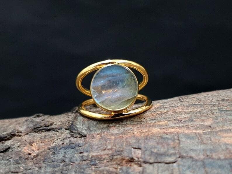 Labradoritt Rund Edelstensring, Gult Gull Håndlaget Ring, Sølvring, 925 Sterling Sølv, Unik Gave