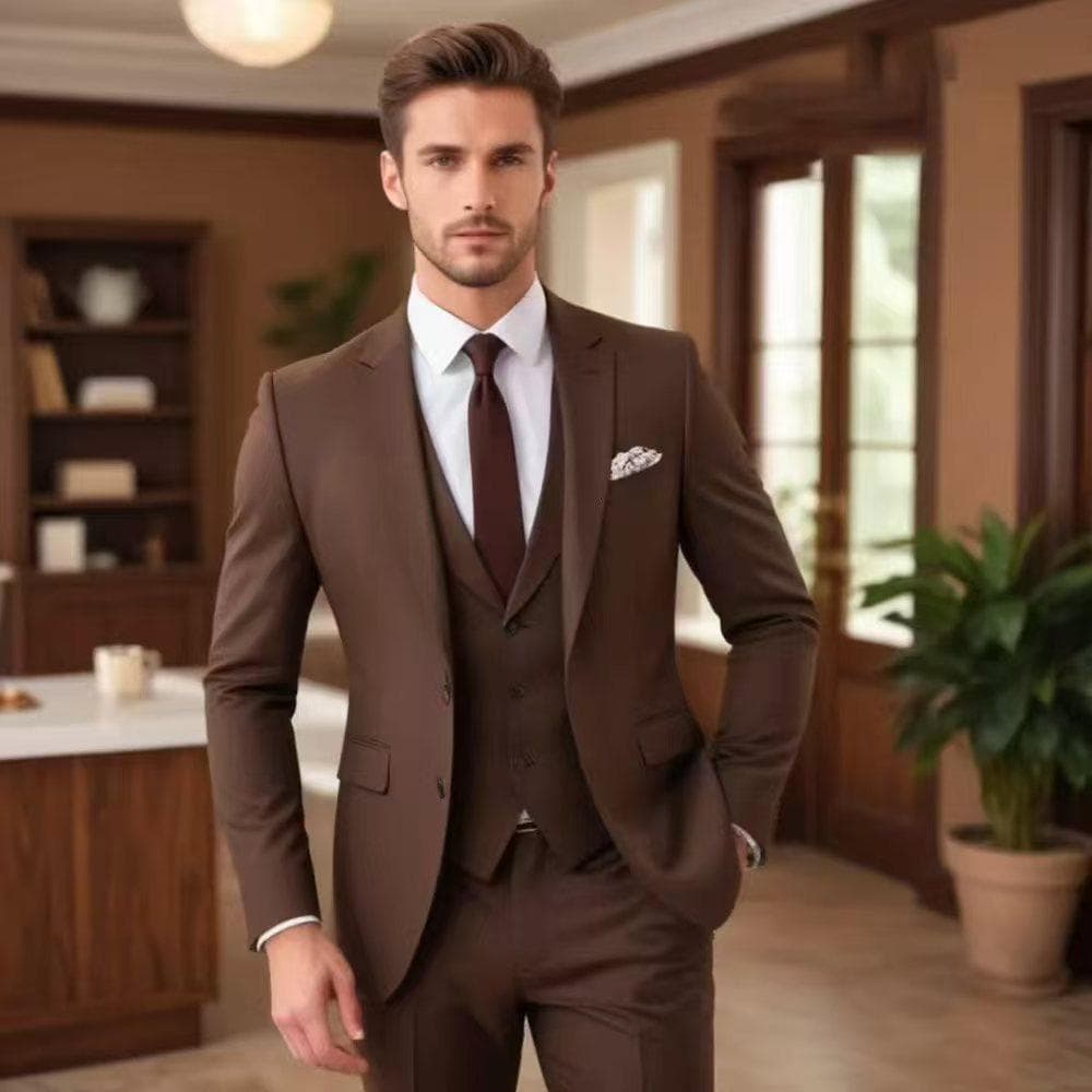 Mørkebrune dresser for menn Mote Enkeltspent Ensfarvet Mannsdrakt Mote Business Casual Formell Bryllupsfest Smoking 3-delt cm floral hvit farge