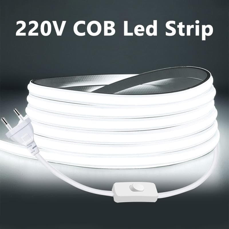 EU-plugg 220V COB LED Strip Lys Høy Lys Utendørs Hage FOB LED-lys Tape For Gårdsplass Soverom Kjøkken Veggbelysning Hvit