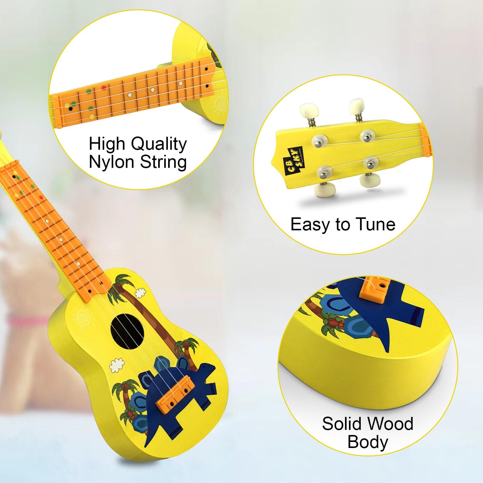 21-tommers ukulele for barn med 12-bånds gripebrett og holdbare hvite nylonstrenger, hel trefat Gul