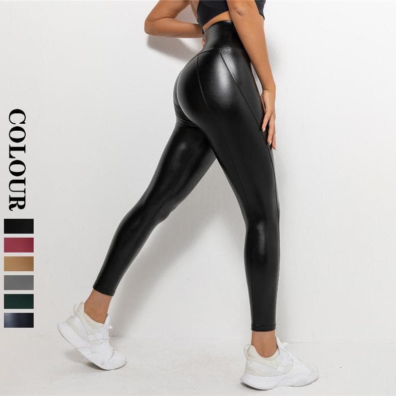 Nessaj PU lær leggings Elastiske kvinner imitert skinn leggings Uformelle blyantbukser med høy midje cm vinrød farge