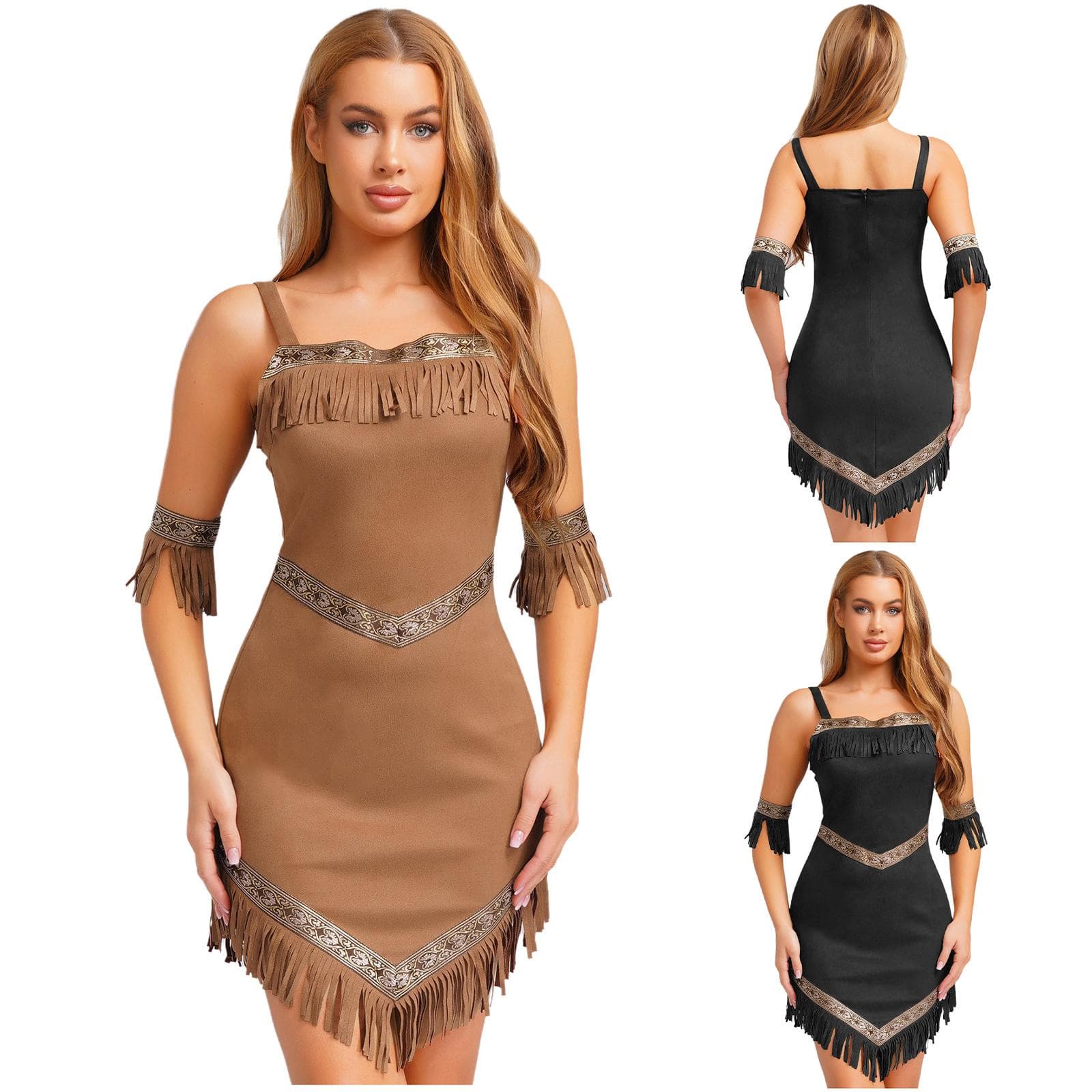 Kvinners Native Tribe Prinsesse Cosplay Kjole Armbånd Retro Mønster Kant Dusker Uregelmessig Fald Stropp Aboriginal Faux Semsket Skinn Kostyme cm