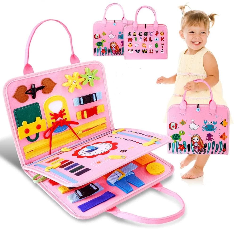 Ferdighetslæring Board Busy Board Montessori-leker for småbarn Travel Board Førskolepedagogiske leker Reiseaktiviteter Alfabet Finmotorikk Rosa