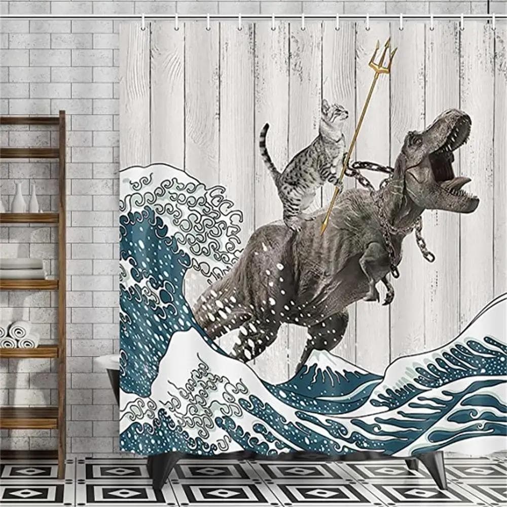 Morsom katt dusjforheng, kul katt dinosaur japansk havbølgedekor Stoff baderomsgardiner, rustikk badegardin for barn