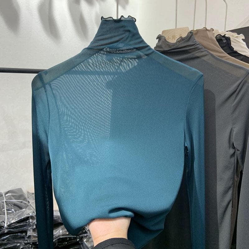 Vårnye mesh blonde leggings kvinners langermet høy hals inni en ensfarget langermet bluse cm
