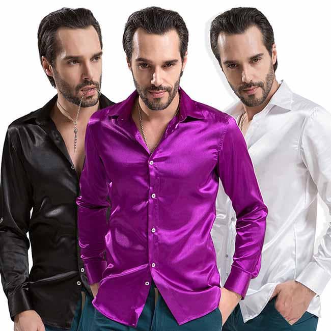 Menn Silkeskjorte Langermet Bryllupsfest Brudgommen Lilla Solid Brudgom Satin Dress Shirt cm Rosa