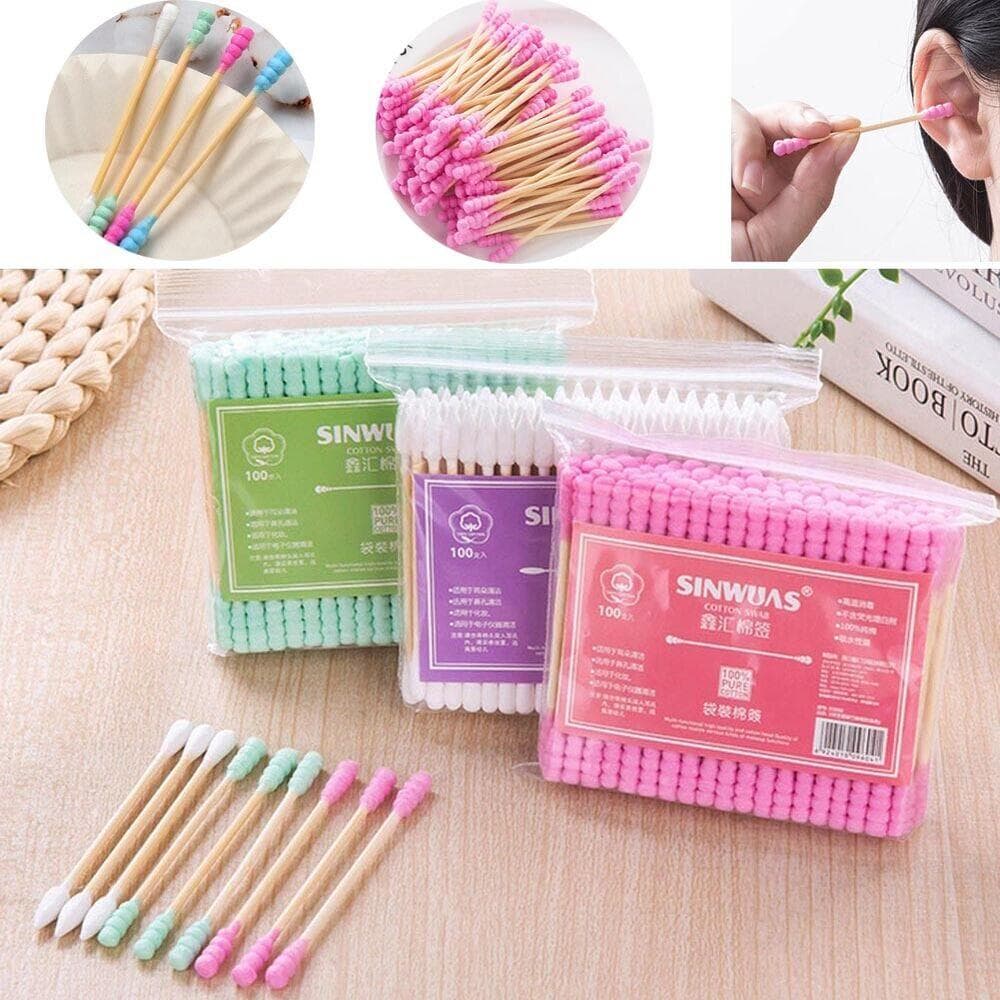 200 STK bomullspinner vattpinne applikator Q-tips dobbel spiss trepinner ørerens Rosa