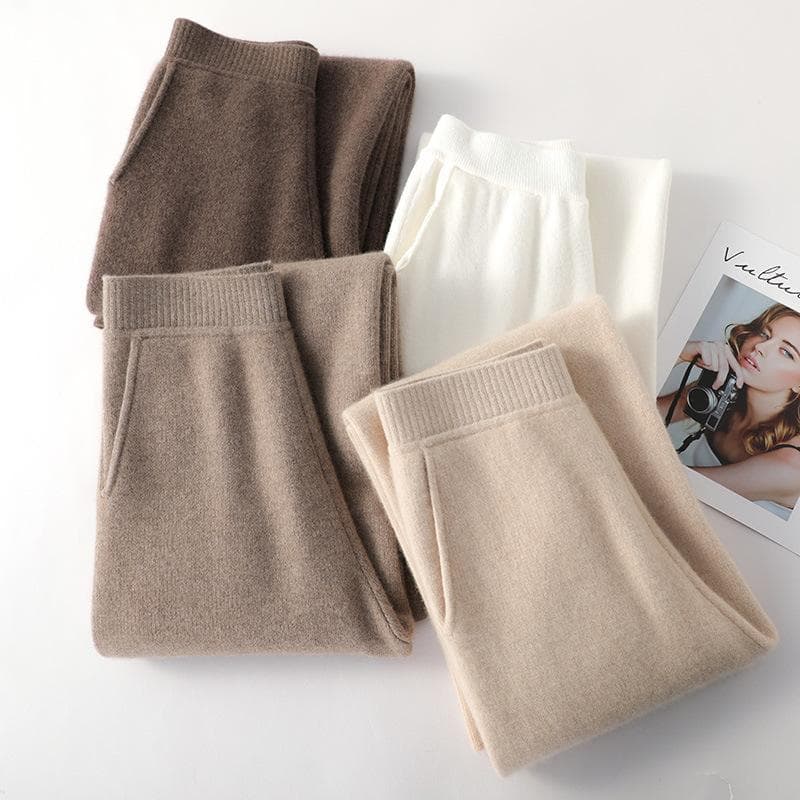 Cashmere joggebukser Kvinner Høst Vinter 2023 Mote Høy midje Ull Bukser med brede ben Uformelle Rette løse bukser cm kamel