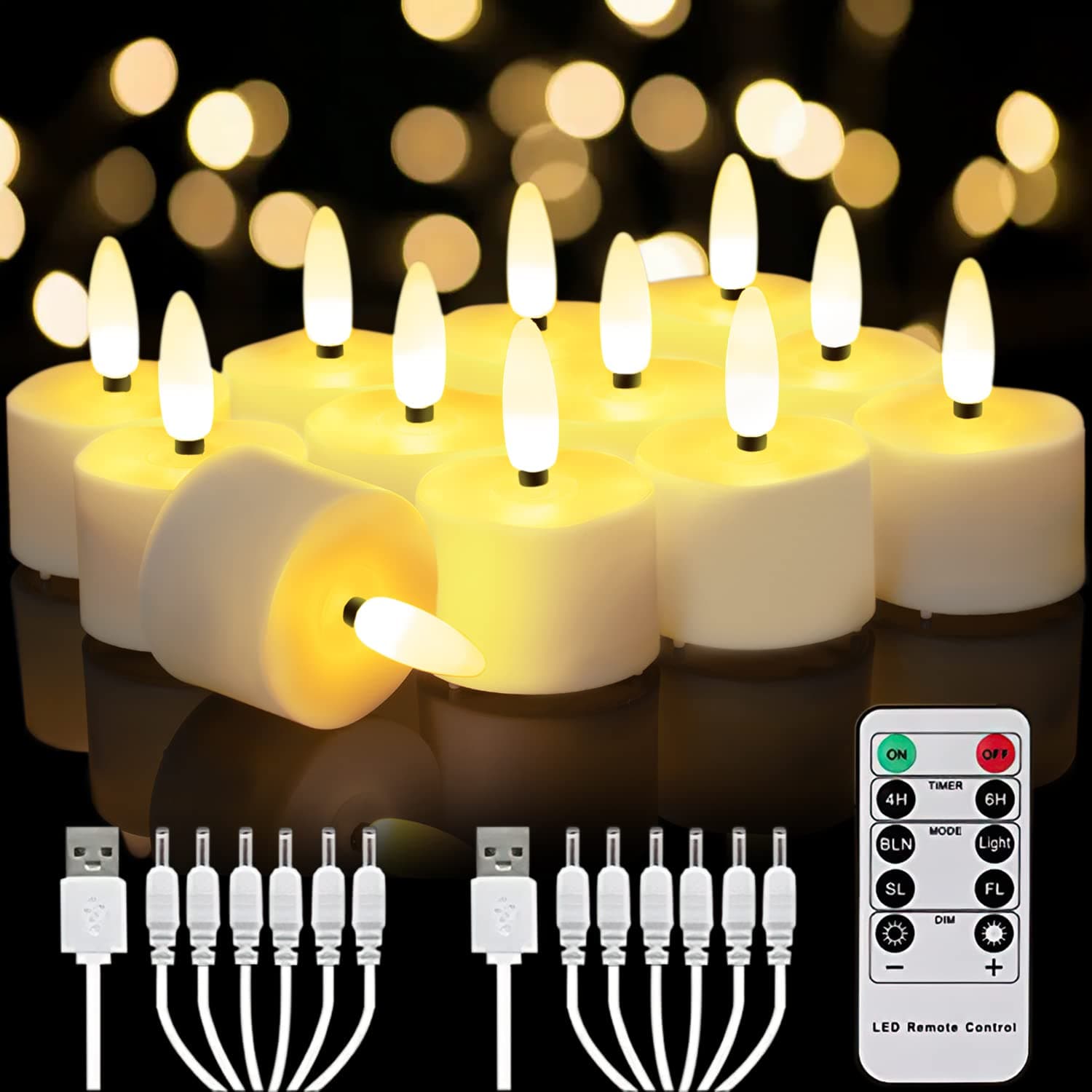 Oppladbare flammeløse, flimrende stearinlys LED-telys 12/24-pakning med fjernkontroll og timer batteridrevet for juleinnredning