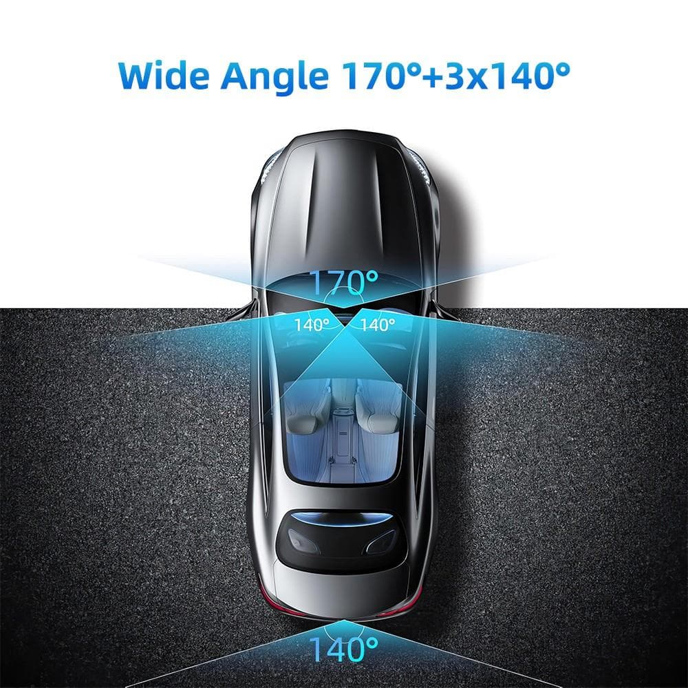 360° dashbordkamera foran, bak og innvendig, 4-kanals kamera FHD 1080P-opptaker G-sensor