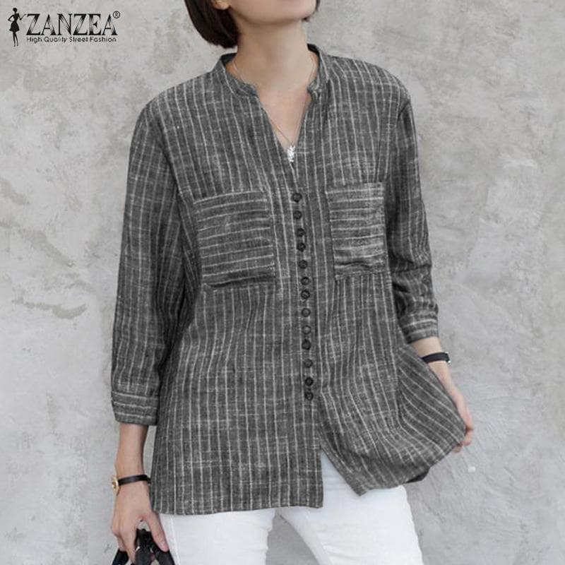 ZANZEA Kvinner Casual V-hals 3/4-ermet sommer løs stripebluse cm Svart