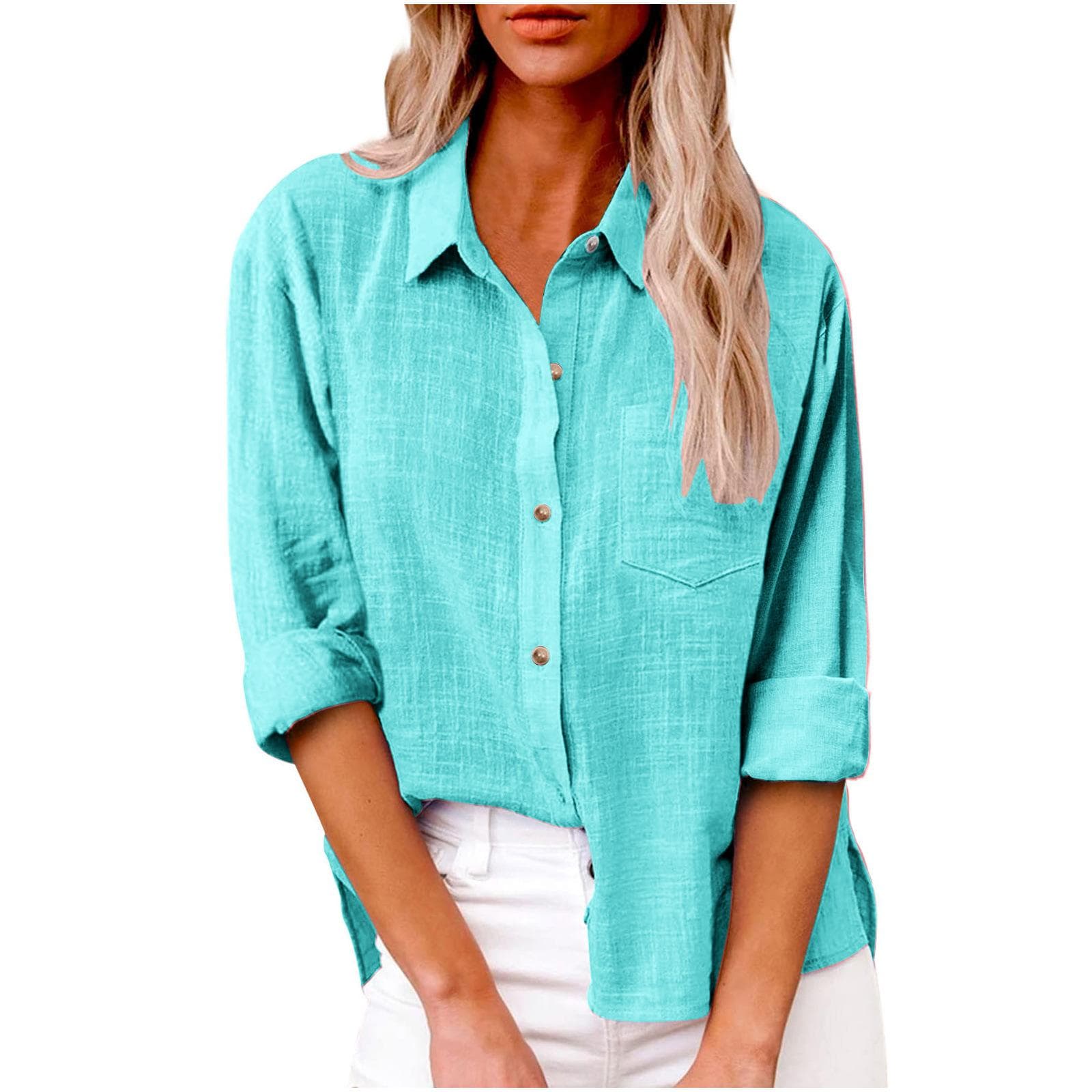 Dameoverdeler Vår Høst Ensfarget bomull Linskjorter Lapel Langermet Button Up Pocket Bluse cm