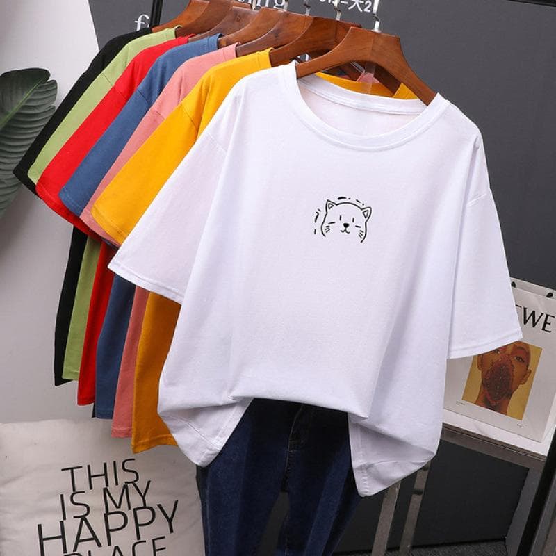 Kawaii Summer T-skjorte Dame Oversized myke T-skjorter Bomull Løse Bouses Topper cm Hvit