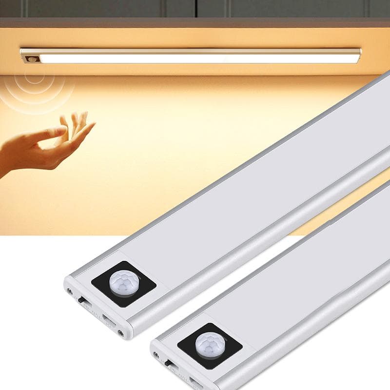0,8 cm tynt USB LED-skaplys 3 Modi PIR-bevegelsessensor LED-lys Sølv Oppladbart Aluminium Kjøkkenskap LED Nattlys 20cm/40cm
