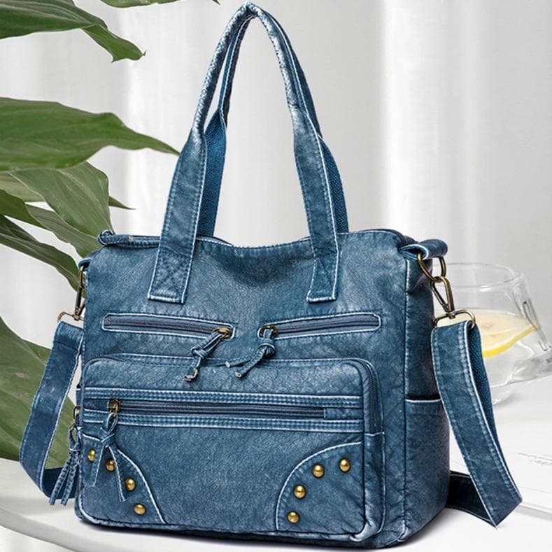 Retro vasket lær håndveske Mote Stor kapasitet Multi-pocket Tote Bag kvinner