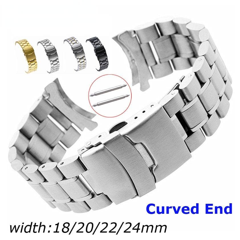 Klokkebånd i rustfritt stål 18 mm 20 mm 22 mm 24 mm rem Armbånd Buet endeklokkerem Dobbel låsespenne erstatning håndleddsbelte Svart