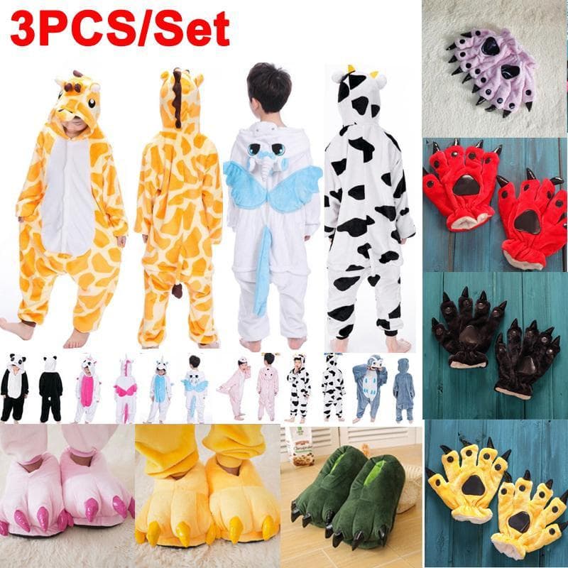 3 stk/sett Barn Barn Pyjamas Kigurumi Cosplay Kostyme Dyre Natttøy Dress + Sko + Hansker cm