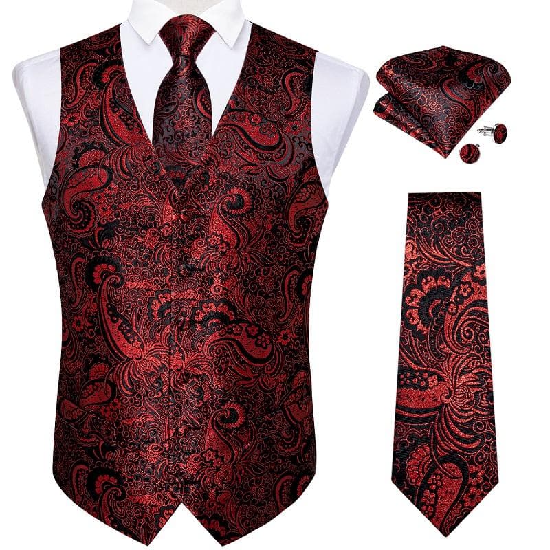 Dibangu Rød vest for menn Paisley vest Slips og lommetørkle bryllup Vest sett Formell dress Vest for menn cm