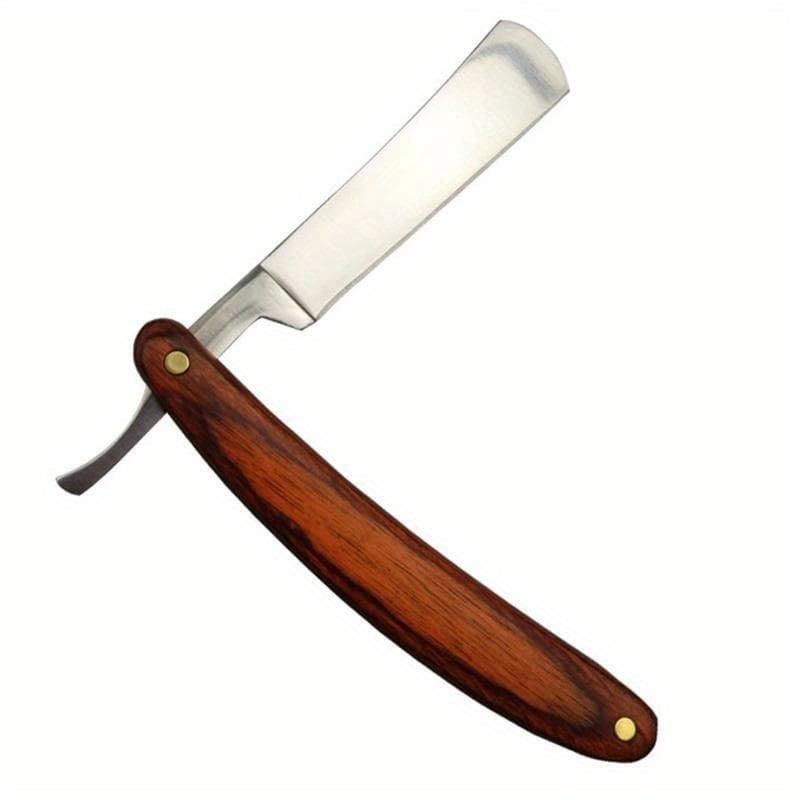 1 stk vintage trehåndtak rettkant i rustfritt stål barberhøvel sammenleggbar barberkniv brun