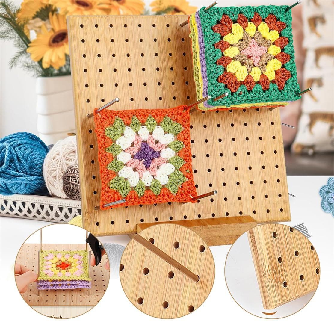 Stort 20 cm trehekletavle med 8 pinner/staver - Beige strikke- og hekleramme, Rutenetthekletavle for Amigurumi, Gensere