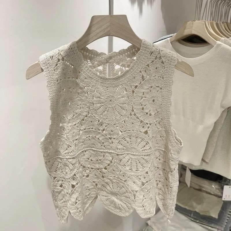 Kroketthalset Blonder Ermeløs Topp Utskåret Blomstermønster Ledig Passform Casual Tanktopp for Sommerstrand Daglig Bruk cm Hvit
