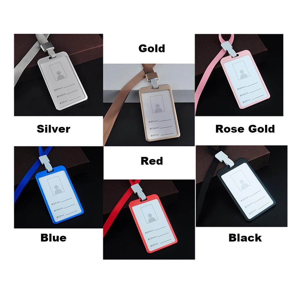 Vertikal stil aluminiumslegering ID-navnekortveske Business Work Card Badge Holder med snor Svart