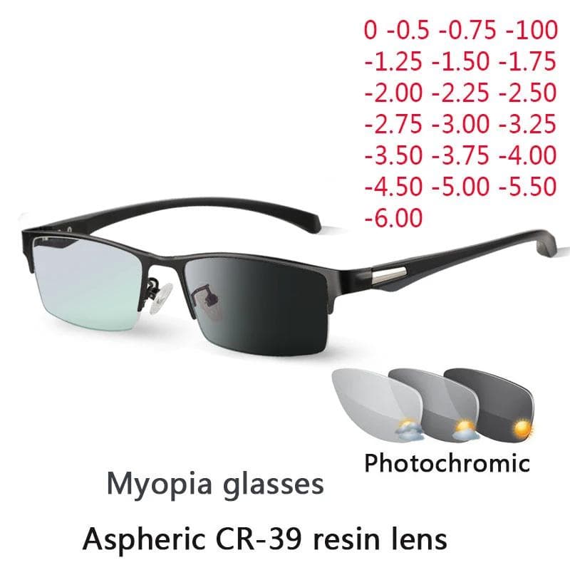 Menn Halv Metallramme Fotokromatiske Nærsynthets Briller Kvinner Kameleont Sol Briller med Styrke -0,5 -0,75 -1,0 -2 Til -6 cm