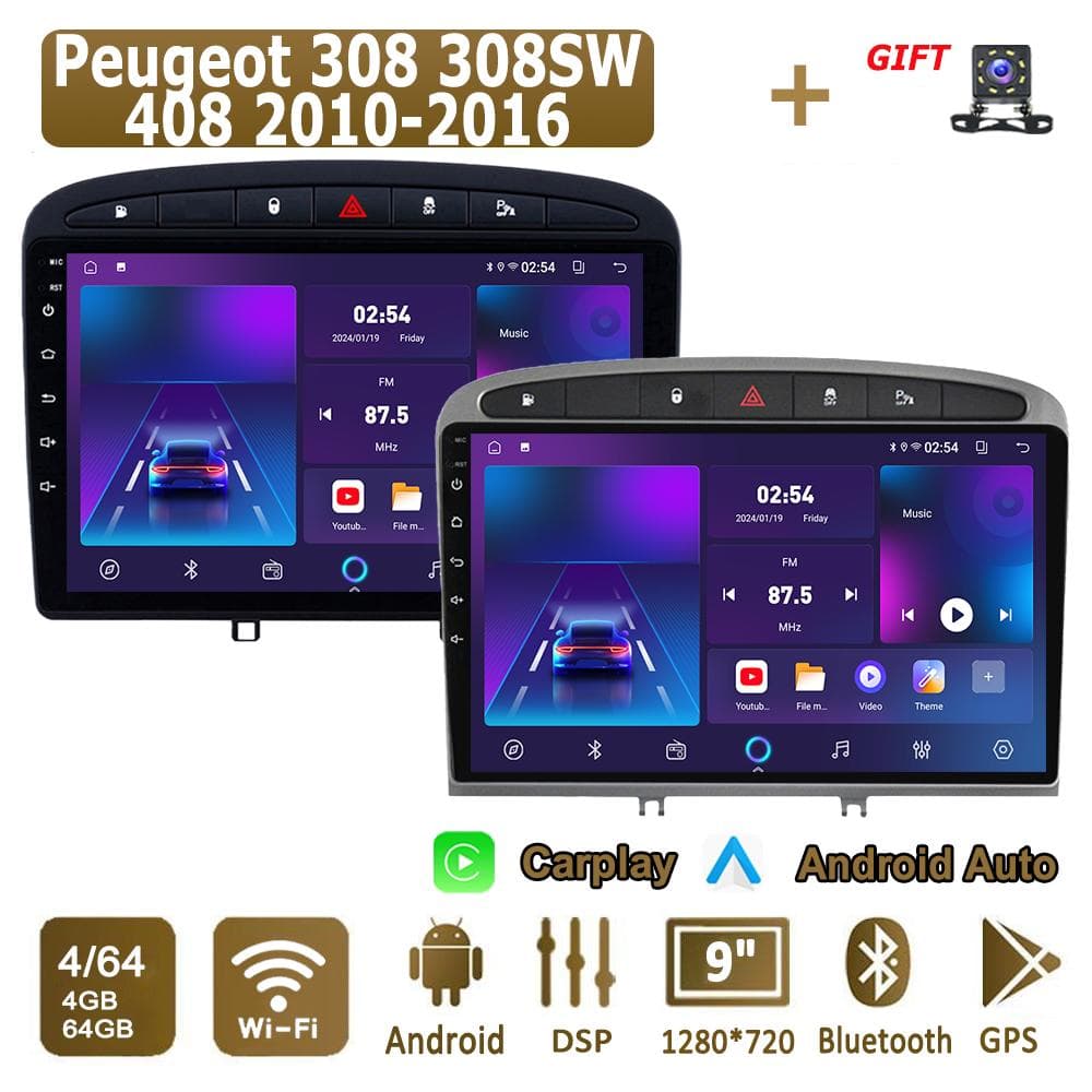 Android Carplay Bilradio For Peugeot 308 308SW 408 2010-2016 Multimediespiller Hovedenhet Stereo GPS-navigasjon BT WIFI 4+64GB Svart