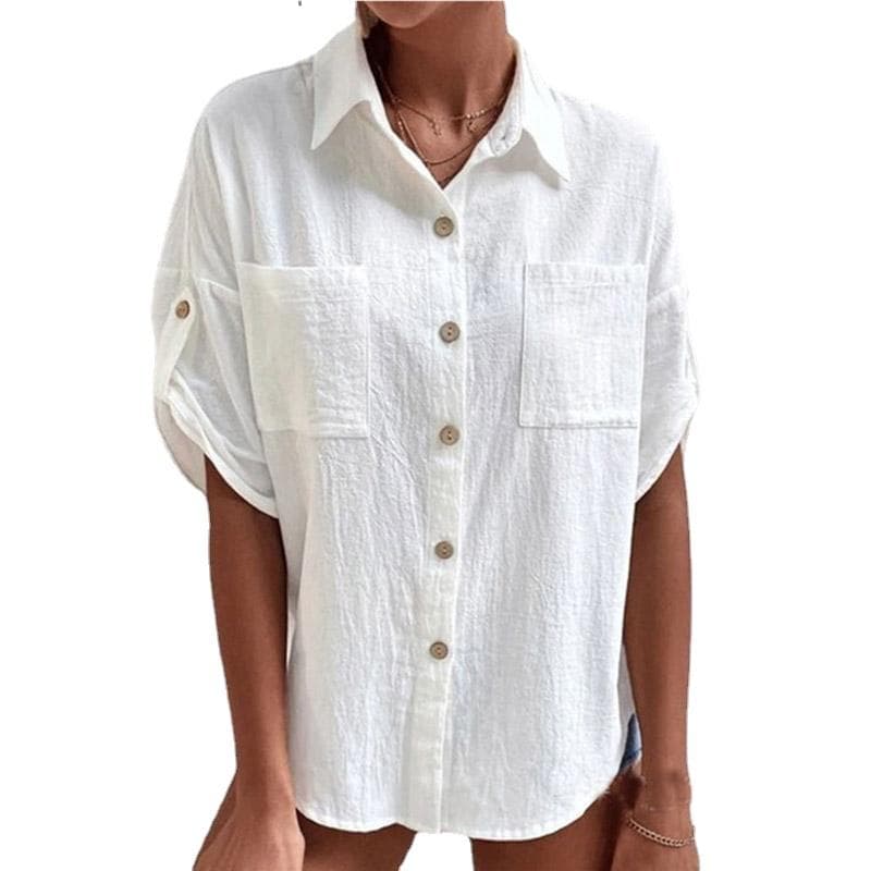 Sommer halvermet jakkeslag Button Up Ensfargede bluser kvinner Plus Size Løs bomull linskjorte dame topper cm Grå