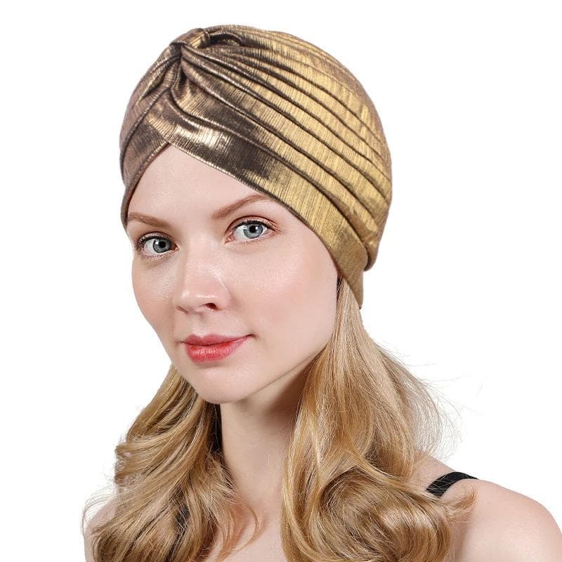 Nye Dame Gull Sølv Turbanhatter Kemo Bandana Hijab Plissert Indisk Hatt Turbante Hatt Damer Hårtap Hodeskjerf Muslimsk Hodeplagg