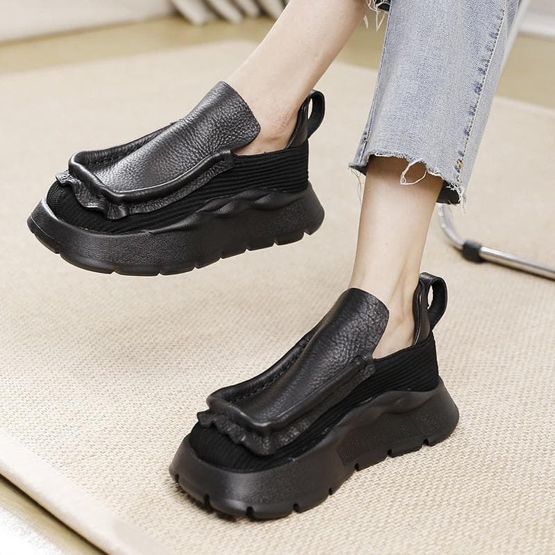Johnature Vintage flate plattformsko Kvinner Håndlaget rund tå Ensfarge Komfortabel tykk såle Slip-on sko cm rødbrun
