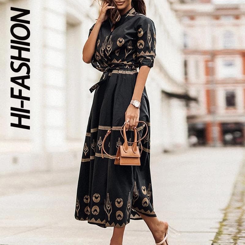 HI-FASHION Retro skjortekjole Kvinner Uformell halvermet løs maxikjole Elegant knappbelte Høy midje Long Beach Festkjole cm Grønn