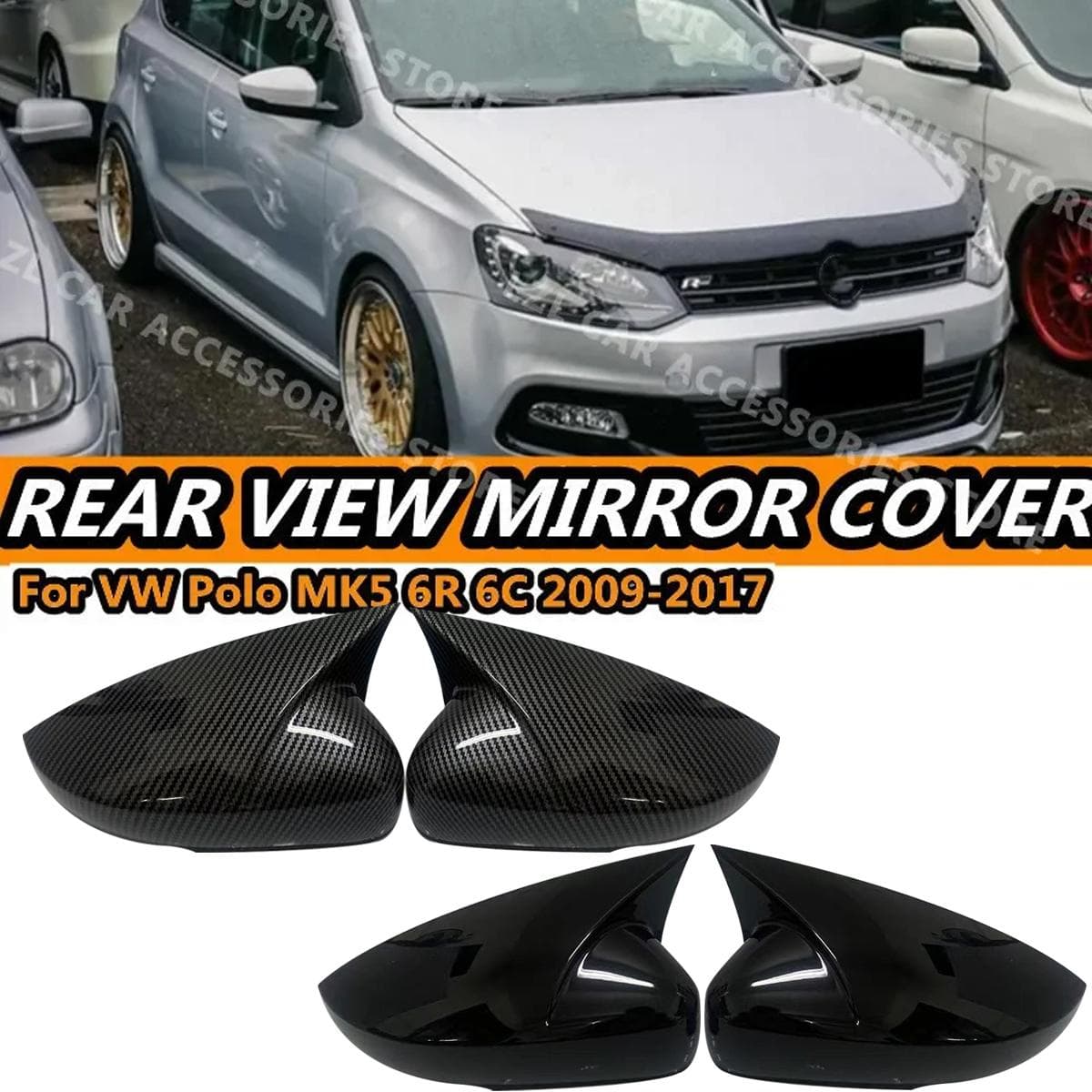 2 stk For Volkswagen VW Polo MK5 6R 6C 2009-2017 ABS Side Rearview Vingespeil Deksel Caps Shell Trim OX Horn Style Eksteriør