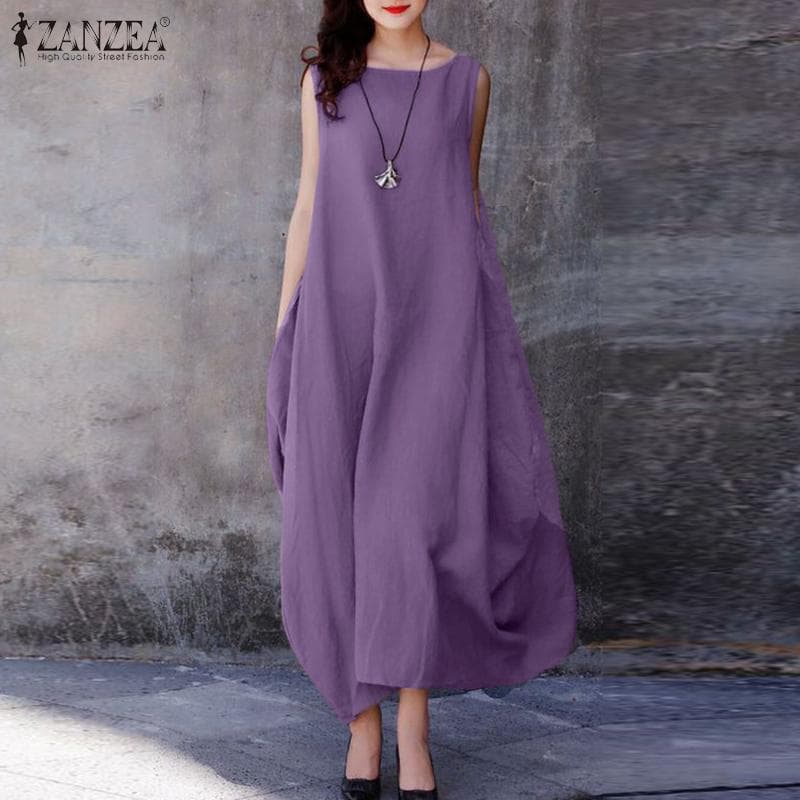 ZANZEA Kvinner Daglig Casual Cotton Dress Sommer O-hals Ermeløs løs lang kjole cm kaffe