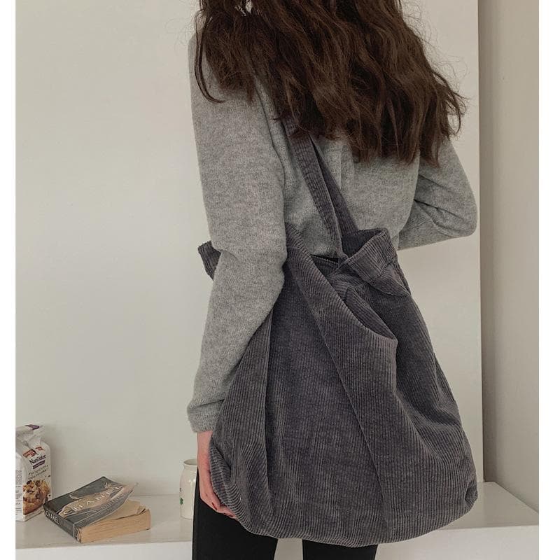 Mote Shoppingbag med stor kapasitet Uformell Corduroy Canvas Håndveske Simple Lady Retro Student Skulderveske Dame Håndvesker brun