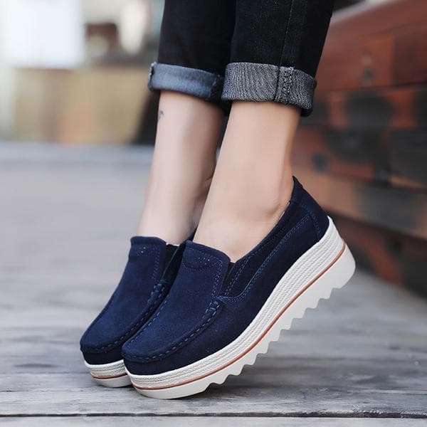 Damemote late sko ekte skinn tykk bunn slip-on sko kile plattform sko dame sko cm Blå