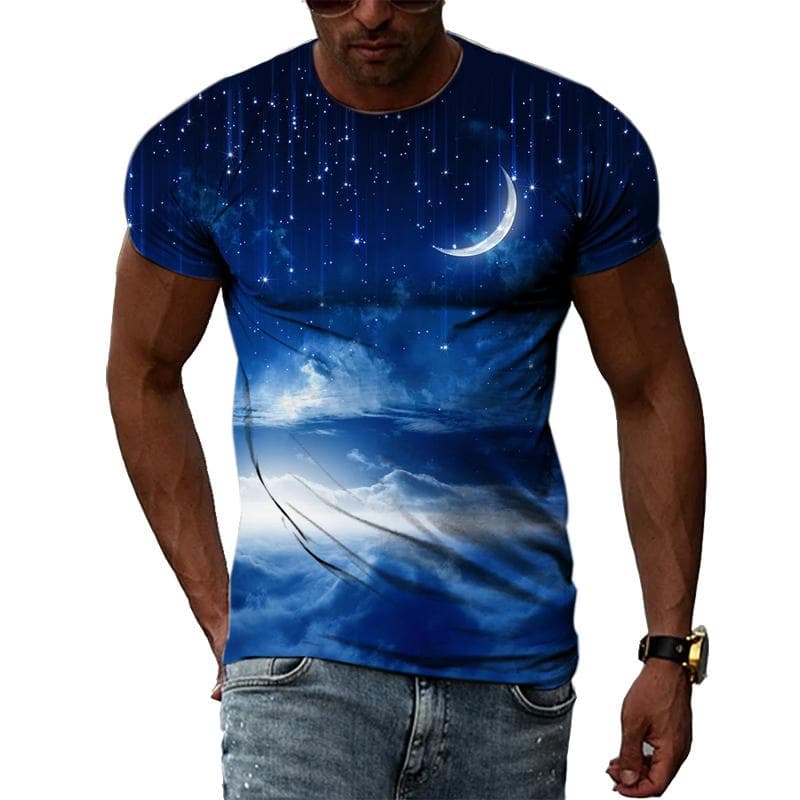 Sommer Blå himmel og hvite skyer 3D-utskrift Herre T-skjorter Mote Uformell Personlighet Enkel rundhals Kortermede T-skjorter Topper cm