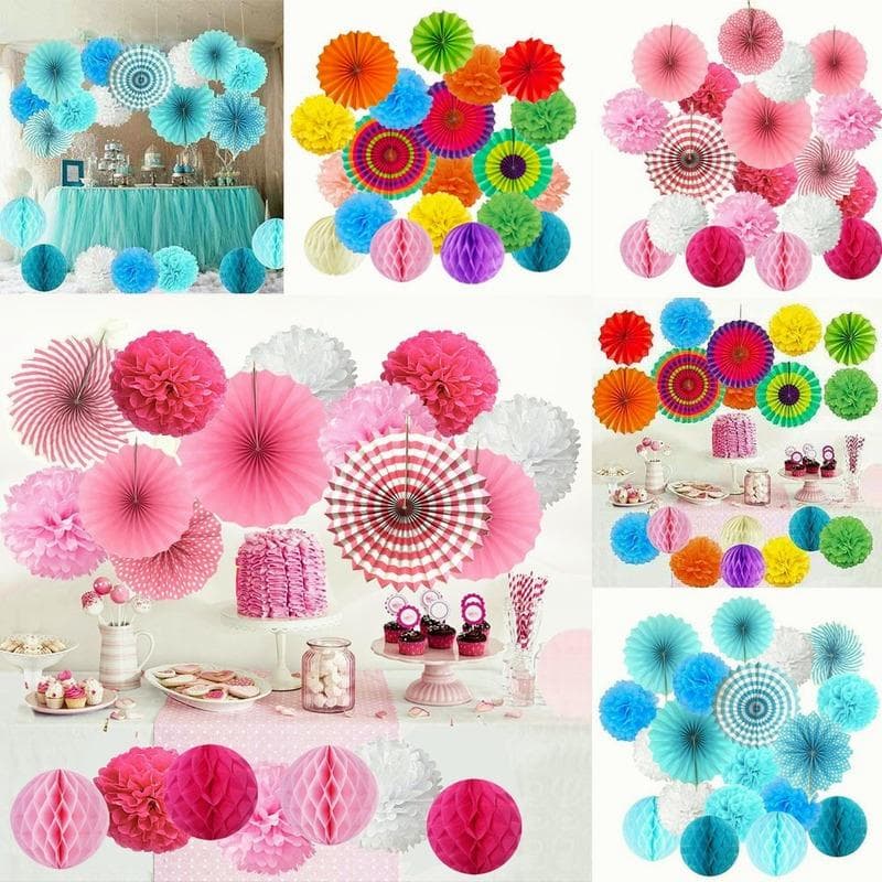 19 stk/sett Papir Honeycomb-kuler Partyvifter Blomst Silkepapir Pompon Bryllup Hengende Rosa