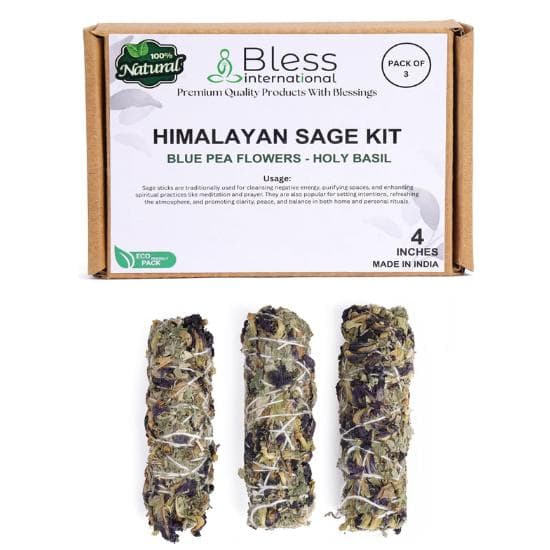 Bless-International Himalaya-Salvie-Hellige-Basilikum-Blå-Erteblomster-Røkelse Premium-100%-Naturlig-og-Økologisk Håndlaget-4-Tommer-Lang