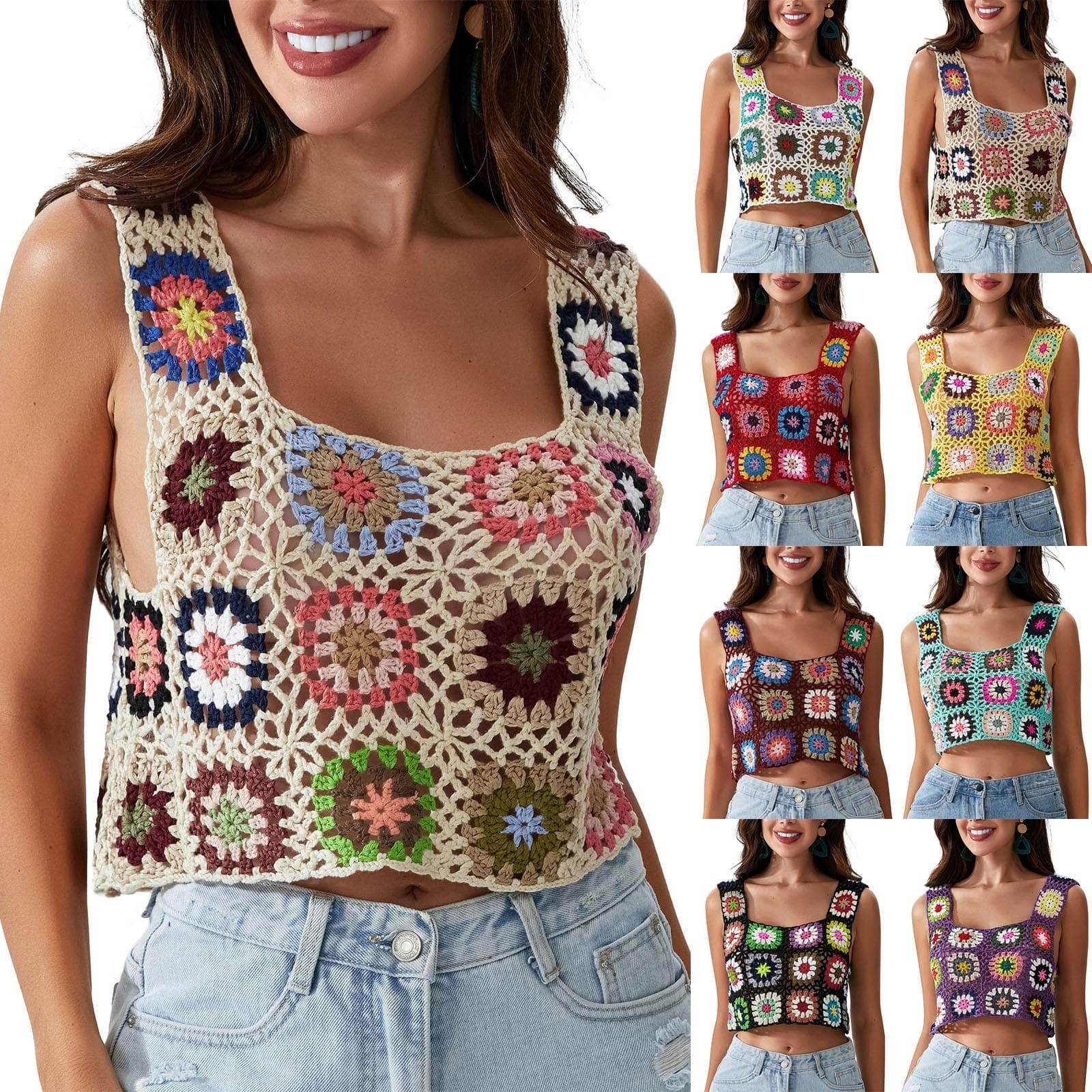 Dame Håndheklet Broderi Hulstrikket Undertrøye Camisole Dame Kort Strandferie Ermeløs cm beige