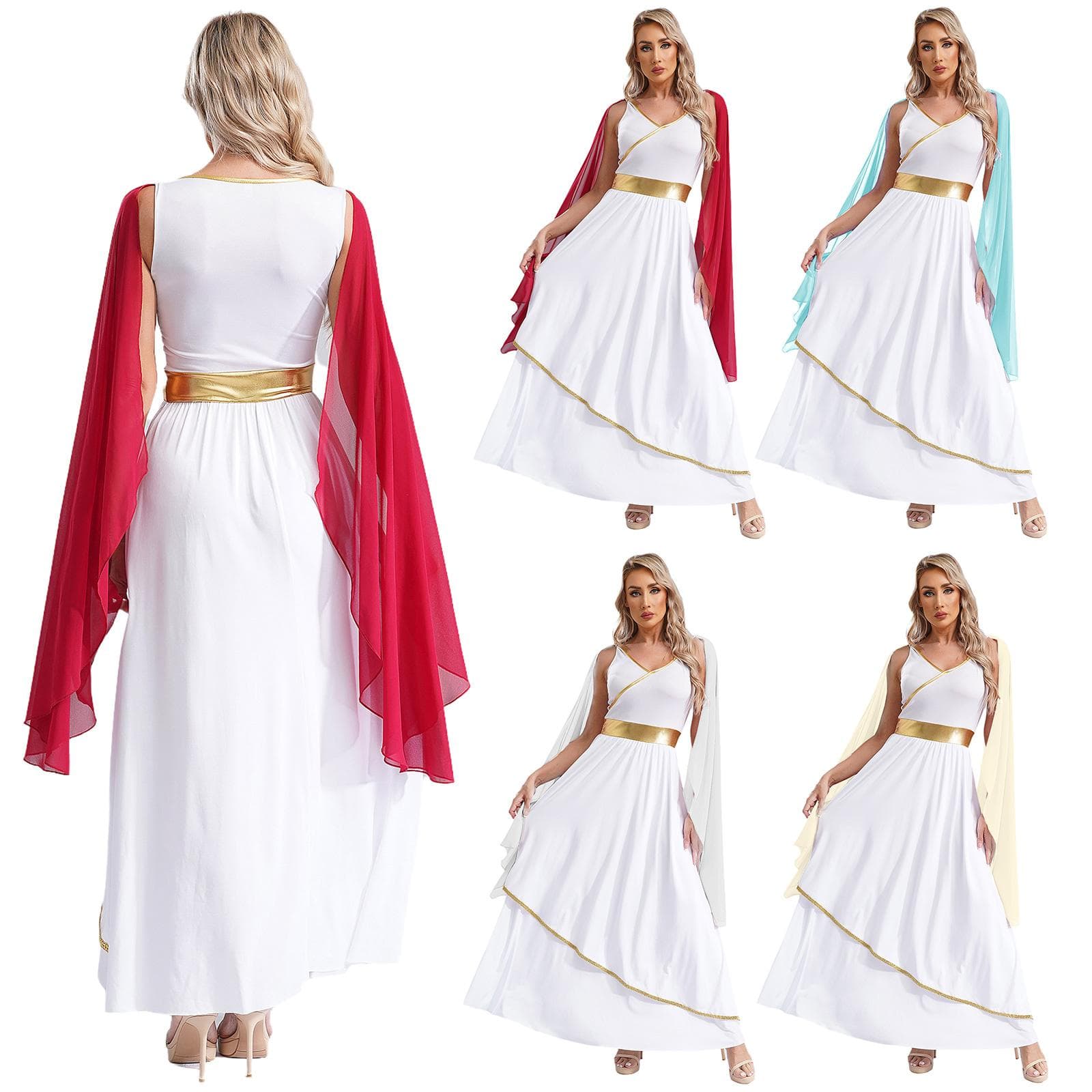 Kvinners Antikk Gresk Romersk Dronning Kostyme Halloween Cosplay Gullkanter Toga Kjole cm champagne