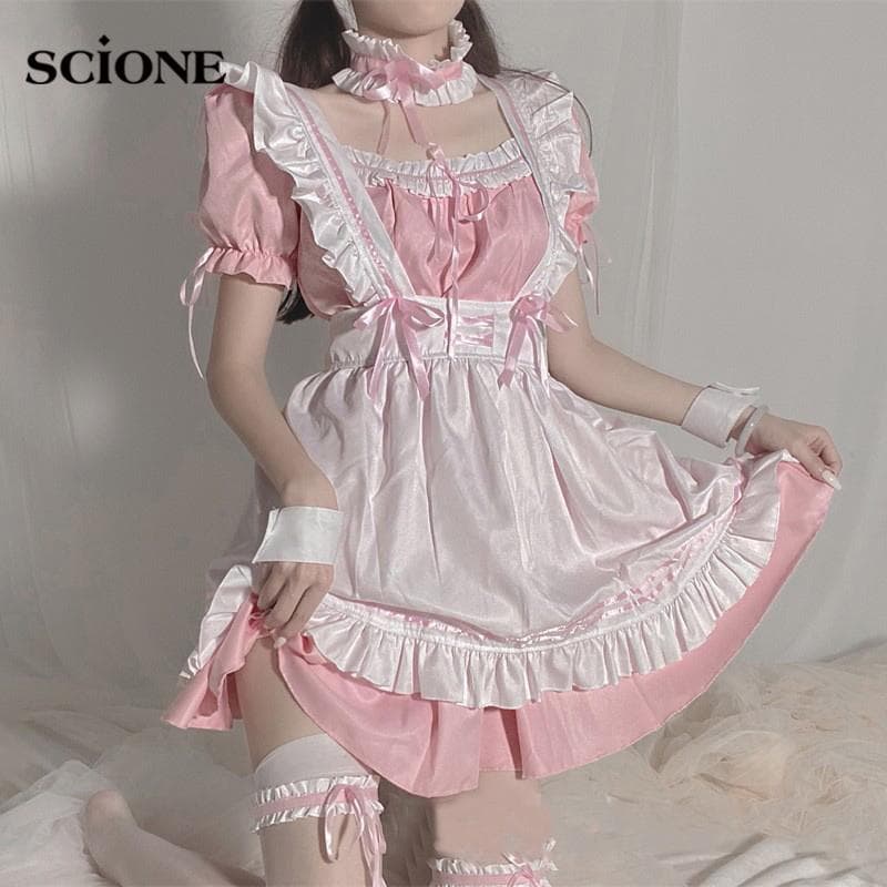 8 stk sett S~5XL Søt Søt Rosa Lolita Kjole Sexy Maid Antrekk Halloween Cosplay Kostyme Kvinner Fransk tjener Lolita Babydoll Dress Uniform Dress cm