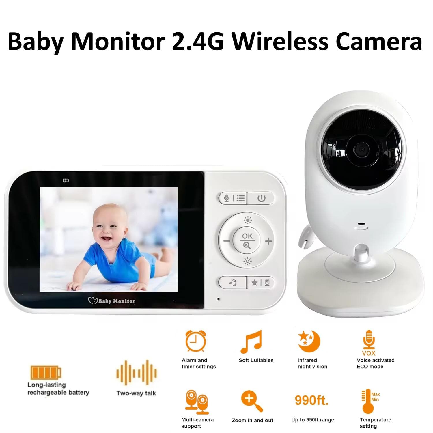 2,4G trådløs videobabymonitor med temperaturskjerm 2-veis Audio Talk Night Vision Overvåkingskamera Barnevakt cm