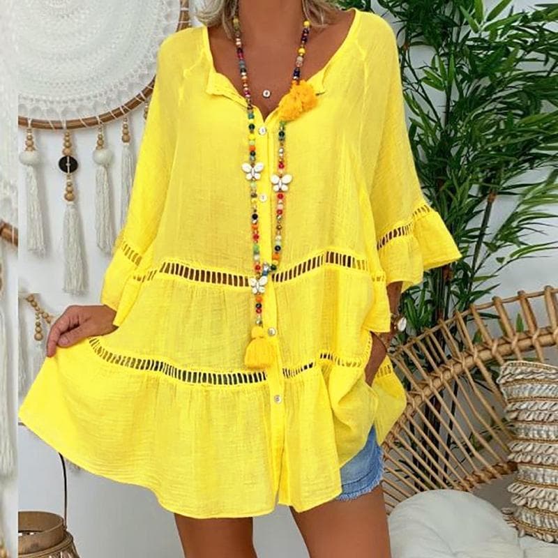 Kvinner blussermet bomullsskjorte Oversized Hallow Out løse bluser Ensfarget Gul Hvit knappet Ruffle Plus Size topper cm Gul